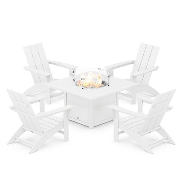 POLYWOOD Modern 5-Piece Adirondack Chair Conversation Set w/ Fire Pit Table - White